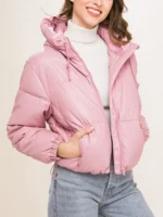 Faux Leather Puffer Jacket with Hoodie Versatile Winter Essential Side Pockets Elastic Cuff - Image 5