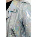 Women's Silver Holographic Foil Slim Fit Motorcycle Biker Leather Jacket - Image 2