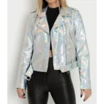 Women's Silver Holographic Foil Slim Fit Motorcycle Biker Leather Jacke