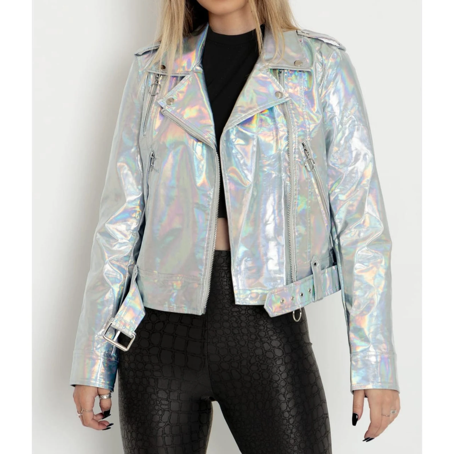 Women's Silver Holographic Foil Slim Fit Motorcycle Biker Leather Jacke Women's Silver Holographic Foil Slim Fit Motorcycle Biker Leather Jacke