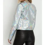 Women's Silver Holographic Foil Slim Fit Motorcycle Biker Leather Jacke