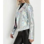 Women's Silver Holographic Foil Slim Fit Motorcycle Biker Leather Jacket - Image 3