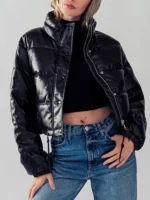 Faux Leather Short Puffer Jacket Retro Vintage Bomber Style