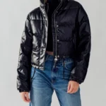 Faux Leather Short Puffer Jacket Retro Vintage Bomber Style