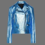Metallic Leather Motorcycle Jacket women Blue Zip Up Jacket