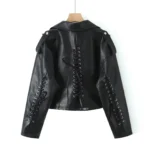 Women Cropped Lace Up Details Genuine Gothic Leather Jacket
