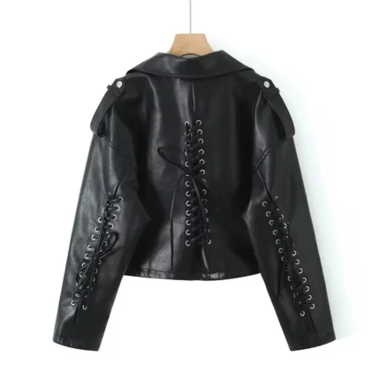 Women Cropped Lace Up Details Genuine Gothic Leather Jacket