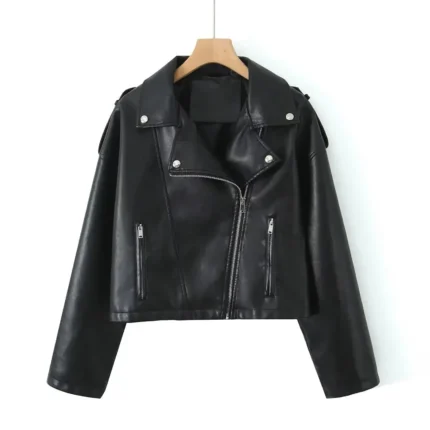 Women Cropped Lace Up Details Genuine Gothic Leather Jacket