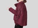 Women’s Oversized Maroon Faux Leather Puffer Jacket with Wide Collar and Front Pockets