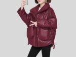 Women’s Oversized Maroon Faux Leather Puffer Jacket with Wide Collar and Front Pockets - Image 2