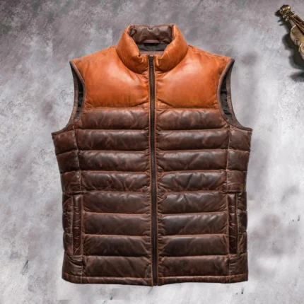 Two-Tone Brown Leather Quilted Vest Zipper Front Stylish Winter Outerwear