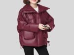 Women’s Oversized Maroon Faux Leather Puffer Jacket with Wide Collar and Front Pockets