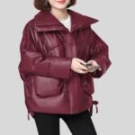 Women’s Oversized Maroon Faux Leather Puffer Jacket with Wide Collar and Front Pockets