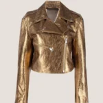 Metallic Rose Gold Lambskin Leather Motorcycle Jacket for Women