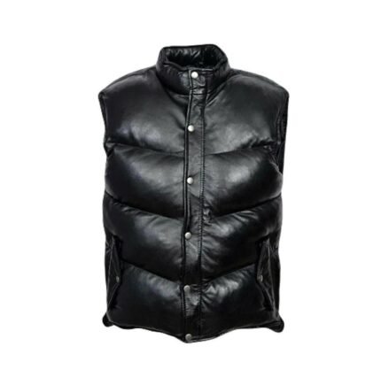 Men's genuine soft lamskin Leather bubble puffer VEST BLACK
