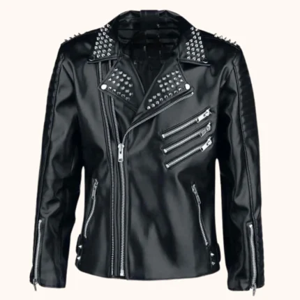 Men’s Black Leather Biker Jacket Studded Punk Rock Moto Jacket