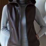 Women Brown Leather Hooded Vest Leather Biker Vest with Hood Stylish Sleeveless Sheep Jacket