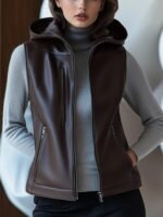 Women Brown Leather Hooded Vest Leather Biker Vest with Hood Stylish Sleeveless Sheep Jacket