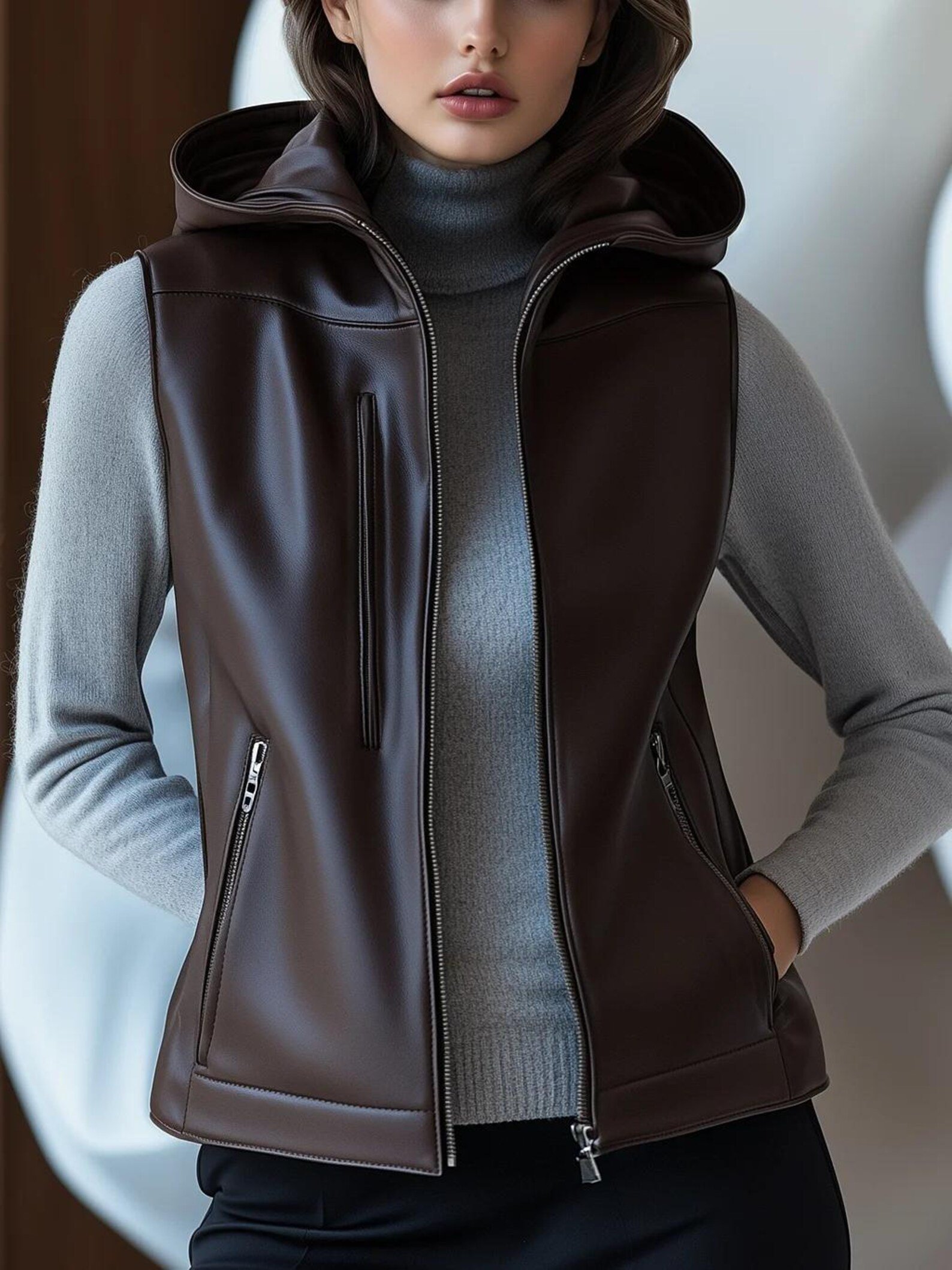 Women Brown Leather Hooded Vest Leather Biker Vest with Hood Stylish Sleeveless Sheep Jacket Women Brown Leather Hooded Vest Leather Biker Vest with Hood Stylish Sleeveless Sheep Jacket