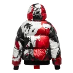Men’s Red Black and White Abstract Print Leather Puffer Jacket with Hood