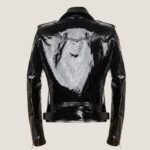 Luxury Black Patent Faux Leather Moto Jacket with Gold Zippers