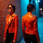 Handmade Orange Leather Studded Biker Jacket Women's Moto Punk Style