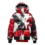 Men’s Red Black and White Abstract Print Leather Puffer Jacket with Hood