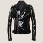 Luxury Black Patent Faux Leather Moto Jacket with Gold Zippers