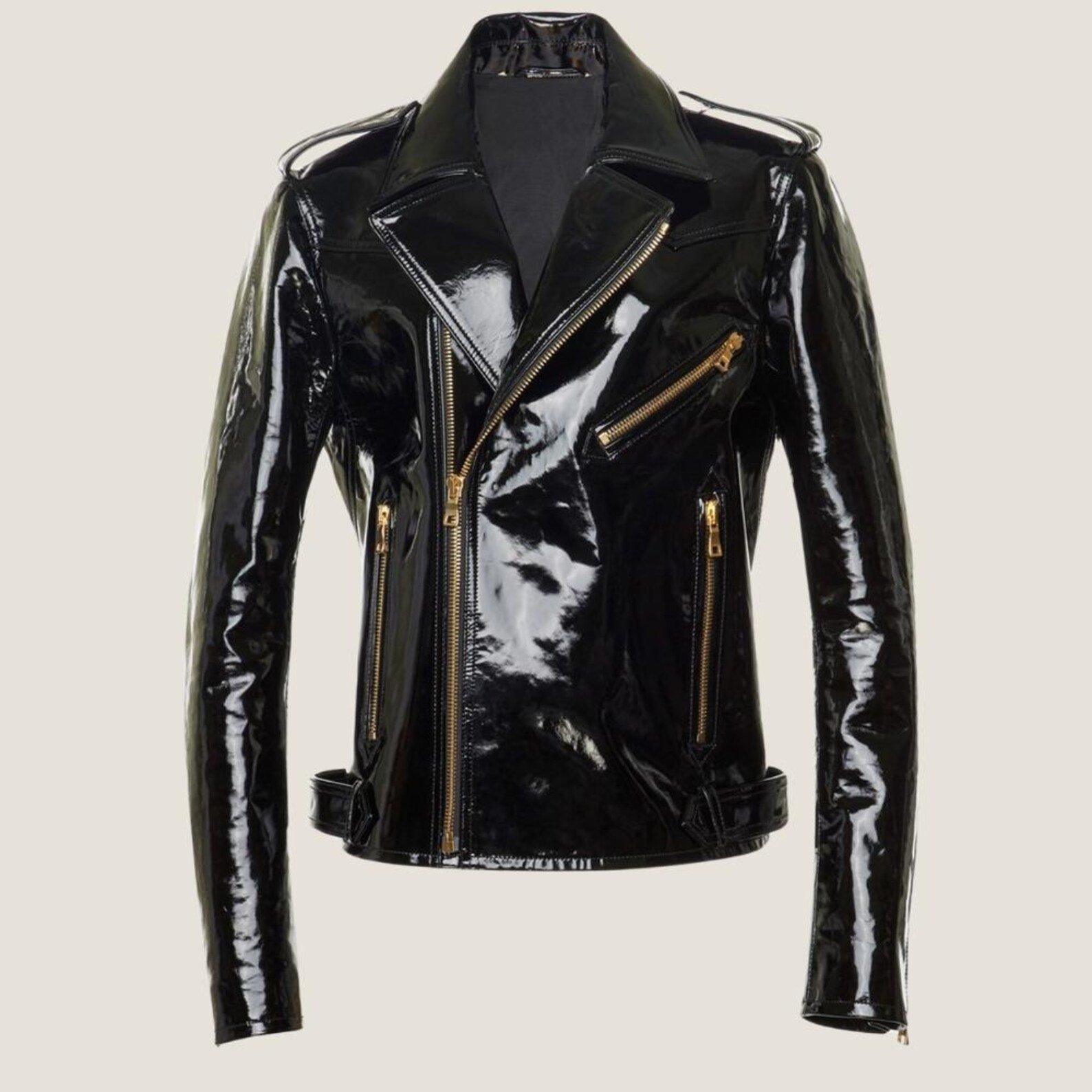 Luxury Black Patent Faux Leather Moto Jacket with Gold Zippers Luxury Black Patent Faux Leather Moto Jacket with Gold Zippers