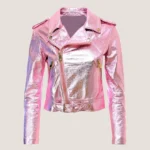 Women's Pink Metallic Moto Leather Jacket Handmade Cropped Leather Jacket
