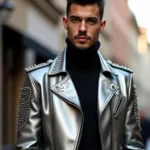 Handmade Silver Studded Leather Biker Jacket Metallic Moto Rocker Coat - Image 2