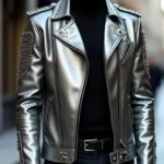 Handmade Silver Studded Leather Biker Jacket Metallic Moto Rocker Coat