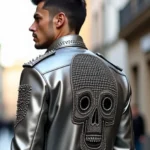 Handmade Silver Studded Leather Biker Jacket Metallic Moto Rocker Coat