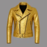 Men’s Metallic Gold Leather Biker Jacket Classic Motorcycle Style with Belted Waist
