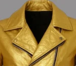 Men’s Metallic Gold Leather Biker Jacket Classic Motorcycle Style with Belted Waist - Image 3