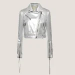 Silver Metallic Leather Jacket Women Vintage Motorcycle Style Leather Racer Jacket