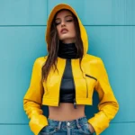 Cropped Yellow Leather Jacket with Hoodie Women's Zip-Up Coat