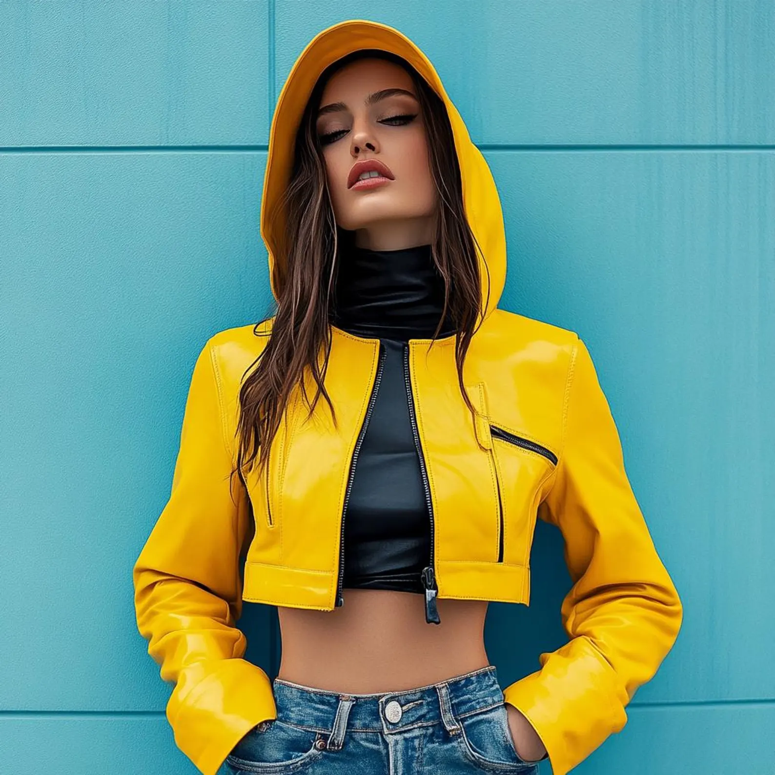 Cropped Yellow Leather Jacket with Hoodie Women's Zip-Up Coat Cropped Yellow Leather Jacket with Hoodie Women's Zip-Up Coat
