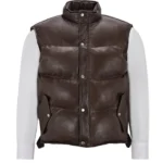 Men's Puffer LeatherJacket Waistcoat Brown Padded Lambskin Leather Casual Vest