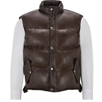 Men's Puffer LeatherJacket Waistcoat Brown Padded Lambskin Leather Casual Vest