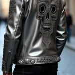 Handmade Silver Studded Leather Biker Jacket Metallic Moto Rocker Coat - Image 3