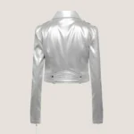 Silver Metallic Leather Jacket Women Vintage Motorcycle Style Leather Racer Jacket