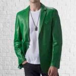Men's Green Lambskin Leather Blazer Classic Button Coat