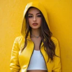 Cropped Yellow Leather Jacket with Hoodie Women's Zip-Up Coat - Image 2