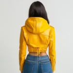 Cropped Yellow Leather Jacket with Hoodie Women's Zip-Up Coat