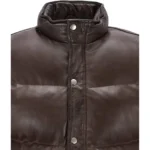 Men's Puffer LeatherJacket Waistcoat Brown Padded Lambskin Leather Casual Vest - Image 2