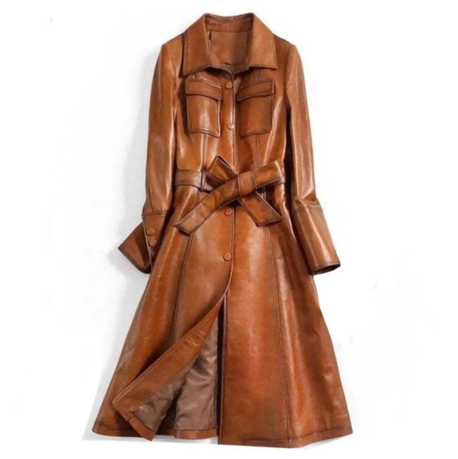 Italian Trench Coat Womens Handmade Cut Tan Leather Long Jacket Italian Trench Coat Womens Handmade Cut Tan Leather Long Jacket