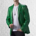 Men's Green Lambskin Leather Blazer Classic Button Coat - Image 2
