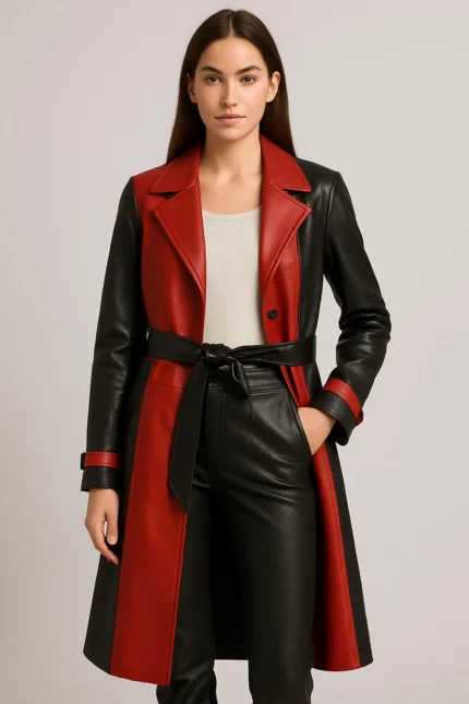 women's leather trench coat red and black