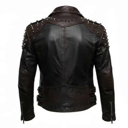 Men's Brown & Black Leather Studded Biker Jacket Vintage Moto Style